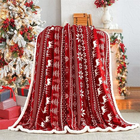 Plaid De Noël - Imprimé Renne Flocon D'Été Arbre De Noël - 70x100 cm ou 100x150 cm - En Fibre De Polyester - Rouge - 1 Pièce (1/5)