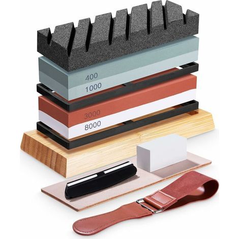 Kit di pietre leviganti, doppia faccia con grana 400/1000 e 3000/8000, pietra levigante professionale con base in bambù antiscivolo, pietra per spianare, guida angolare e cinturino in pelle. (1/5)