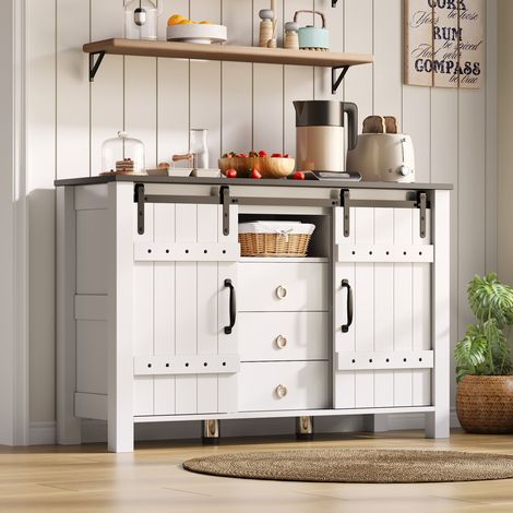 Buffet blanc 120x40x80 cm avec portes coulissantes, 3 tiroirs, meuble rangement cuisine, salle à manger et salon (1/5)