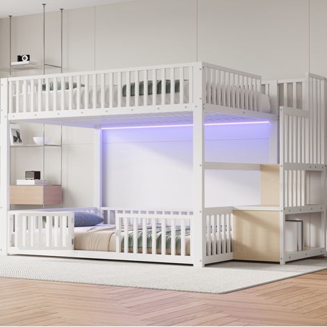Lit superposé bas 140/200 cm blanc en métal et MDF avec échelle de rangement et éclairage LED (1/5)