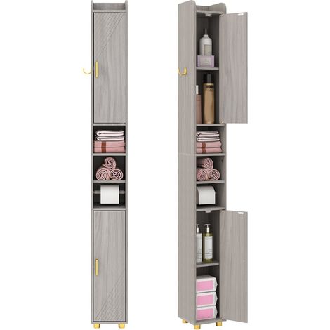 Mobiletto alto da bagno con porta carta igienica, ganci - Grigio