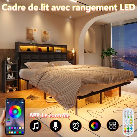 Lit double 140×190 cm gris,base et tête à lattes,2 chevets extensibles,rangements,USB/Type-C,LED intégré