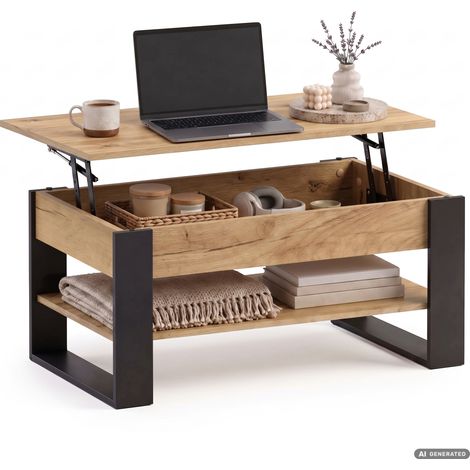 Couchtisch mit anhebbarer Tischplatte DENVER 92 cm rechteckig mit Ablage Craft Eiche schwarze Beine (1/5)