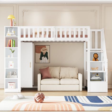 Letto a soppalco multifunzione 90x200 cm con contenitori, armadio e scala di sicurezza bianco (1/5)