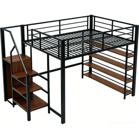 Letto a soppalco in metallo nero 140x200 con scala contenitore, armadietto e ripiani (1/5)