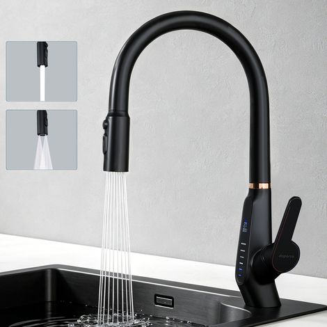 Mai & Mai Rubinetto per Cucina, 3 Modalità con Doccetta Estraibile, Rubinetto Lavello Cucina in Ottone con Display Digitale a LED, Tubi e Accesorri, Design Moderno Nero MS-8085