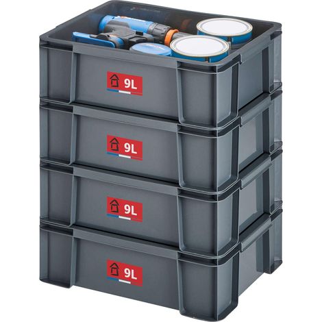 lot de 4 bacs de rangement 9L en plastique recyclé, robustes et renforcés, parois droites, superposables et combinables, idéals pour l’atelier, le bricolage ou le transport (1/5)
