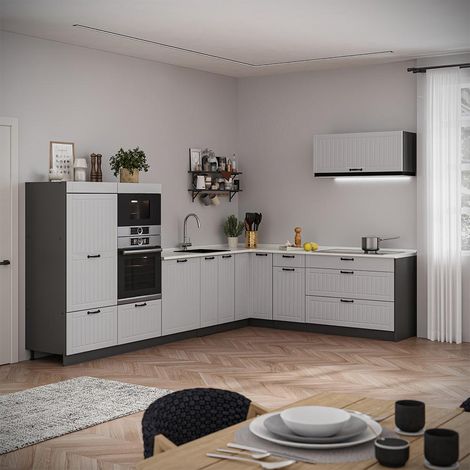 Cocina esquinera Fame-Line, Blanco casa de campo/Antracita, 327 x 227 cm, ET Roble, Vicco (1/5)