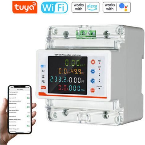 Compteur d'Énergie Monophasé,Disjoncteur Intelligent, Tuya WiFi, Compteur Bidirectionnel, Contrôle App, Sécurité, Compatible Alexa, Google Assistant