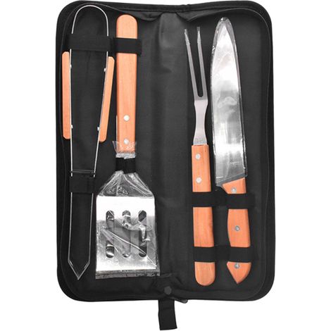 Kit Accessoires BBQ – 4 Pièces – Couteau/Spatule/Pince – Étui Rangement – Acier Inox/Manche Bois – Intérieur/Extérieur (1/5)