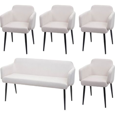 Set 4x sedie con braccioli e panca da interni elegante moderno HHG-073 legno tessuto avorio bianco (1/5)