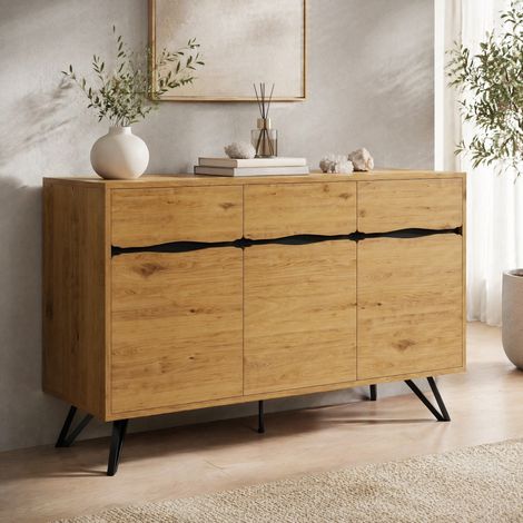MEUBLIV Buffet 140x40x75,5 cm bois/noir – 3 portes, grand rangement (1/5)