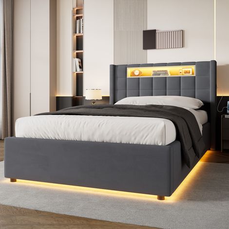 Cama con canapé 90 x 200 cm,Cama para adultos con iluminación LED y Puerto USB,Somier de láminas incluido - Terciopelo gris (1/5)