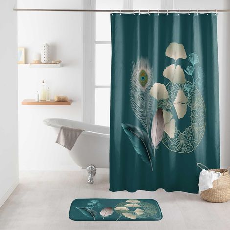 1 Rideau De Douche Avec Crochets, Polyester Imprimé Ginkoblue Bleu, 180x200 Cm Pour Salle De Bain