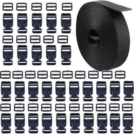 10m Sangle Nylon 25 mm avec 30Pcs Boucles en Plastiques, Boucle Plastique Noir Clip Fermoir pour Sangle, Accessoires de Sac à Dos, Tente, Sac à Dos Enfant, Collier de Chien, 30Pcs Curseur (1/5)