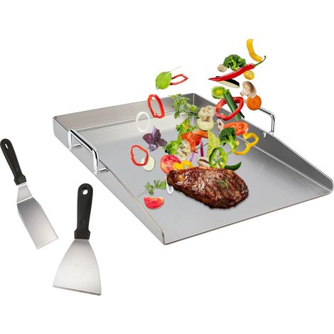 Plaque de cuisson - 40 x 30 cm - En acier inoxydable - Avec spatules et poignée - Accessoire de barbecue universel - Pour barbecue à gaz et au charbon de bois (1/5)