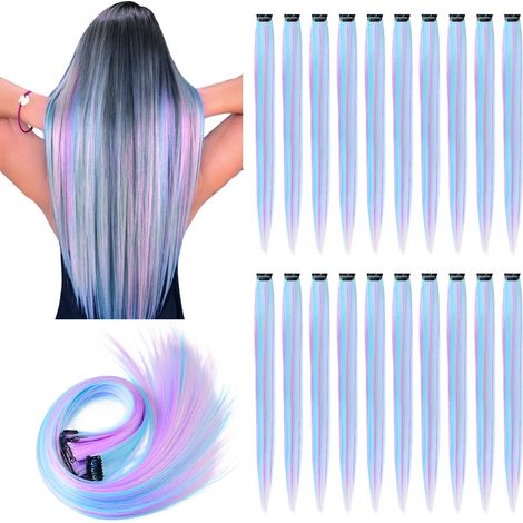 12 extensiones de cabello con clip para niñas, extensiones de cabello liso con degradado morado-azul de 22 pulgadas para cosplay. (1/5)