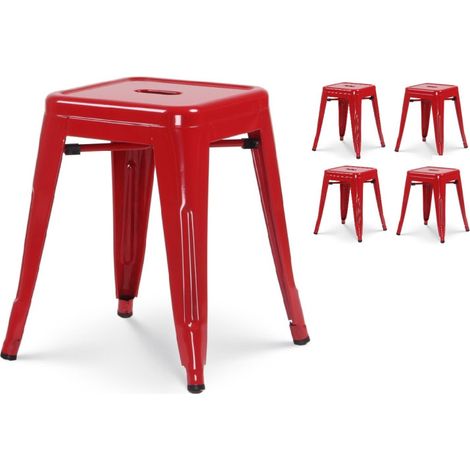 Lot de 4 tabourets en métal rouge brillant style industriel - Hauteur 46 cm (1/4)