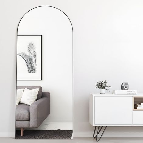 Miroir de Sol bombé - 165 x 60 cm - Miroir Mural Complet avec Cadre en Aluminium - Dessus bombé - À Suspendre ou à s'appuyer - pour Chambre à Coucher, Salon - Noir (1/5)