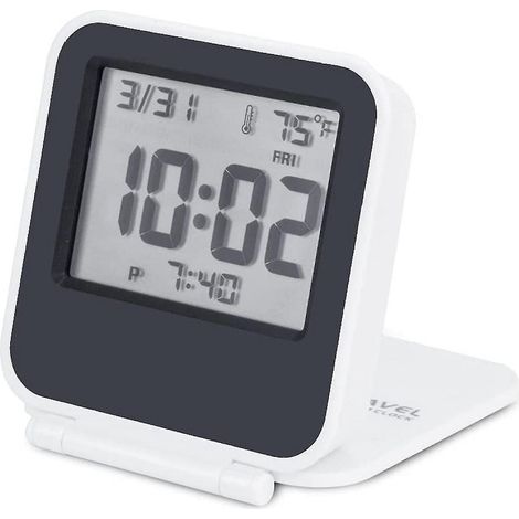 Kleiner digitaler Reisewecker, batteriebetriebener Mini-Reisewecker mit Hintergrundbeleuchtung, tragbarer, faltbarer Mini-Taschenwecker mit Kalender und Thermometer (weiß)