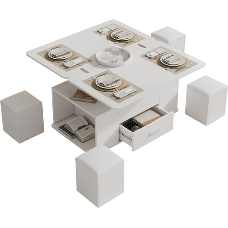 ELVMI Couchtisch höhenverstellbar mit 1 Schublade, 4 Hockern, Rollen und Stauraum für Wohnzimmer, aus Spanplatte, 100 × 50 × 45 cm, Weiß (1/5)
