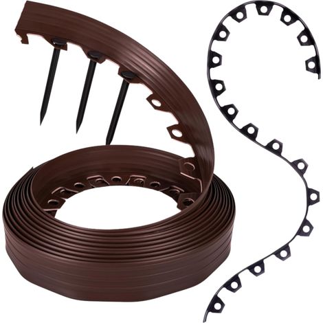 Flexible Rasenkante aus Kunststoff - wetterfest - abgerundet - Beeteinfassung - braun - 10 m - Spikes - Höhe: 5 cm - für Garten und Mähroboter geeignet