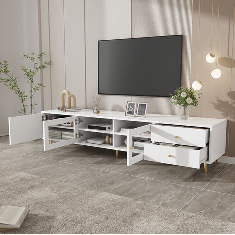 Mobile TV moderno 170x40x28 cm, con 2 cassetti, 2 ante in vetro, 1 anta, in pannello di particelle bianco (1/5)