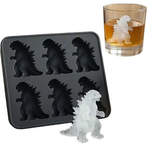 Eiswürfelform in Dinosaurierform, 6-fach, mit Deckel, ideal für Partys und Cocktails, leicht zu befüllen und zu entformen, gefriergeeignet, perfekt für den Sommer. Tiefschwarz.