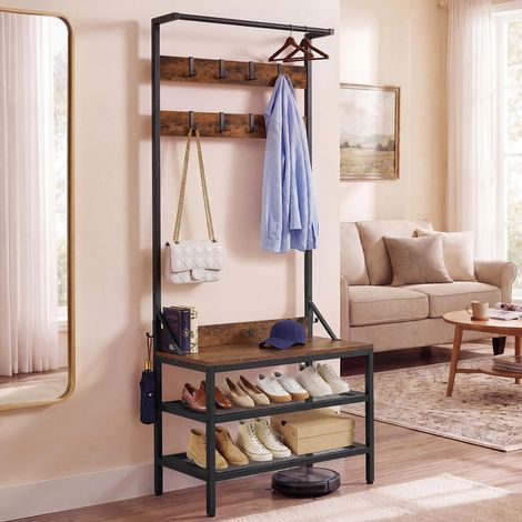 Freestanding Industrial Coat Rack Stand with Shoe Storage, Hallway Unit with 2 Storage Shelves & 9 Hooks, Metal Frame Organiser for Hallway, Living Room and Bedroom (1/5)