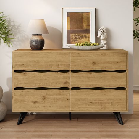 Buffet avec 6 tiroirs, aspect bois, pieds métalliques, grand espace de rangement, style rustique, 120 x 40 x 75 cm,Naturel (1/5)