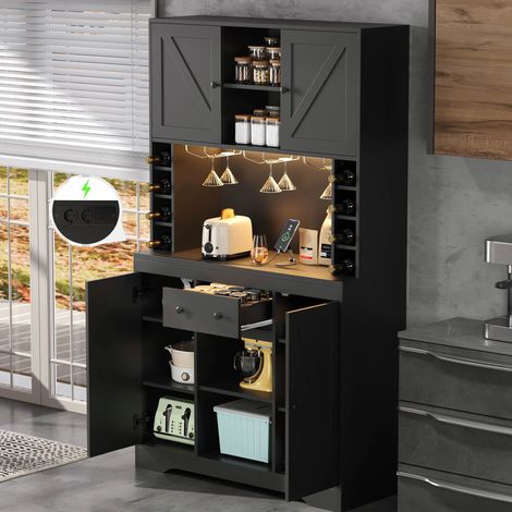 Küchenschrank, Hochschrank, Weinschrank mit verstellbaren Einlegeböden, Schublade, Edelstahl-Weinglashalter, Weinflaschenfächern, farbwechselnder LED-Beleuchtung und Steckdosen, 180 × 105 ×40cm,schwar