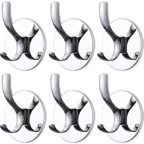 6 pcs Crochet Adhésif Murale Double Patere Porte Manteau sans Perçage Crochet Serviette Peignoir en Acier Inoxydable Organiseur (1/4)