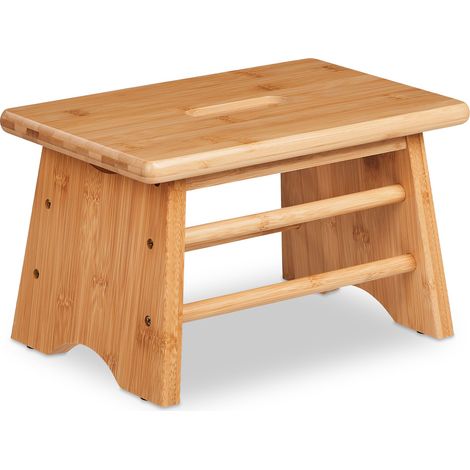 Relaxdays Fußbank Bambus, bis 100 kg, stabiler Tritthocker, HBT: 20x33x21,5 cm, Kinderhocker Bad, Griff, Hocker, natur