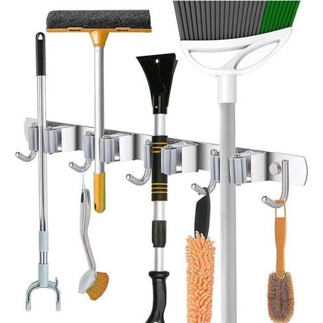 Porte-balais et organisateur en acier inoxydable pour maison, cuisine, garage (4 positions et 5 crochets) (1/4)