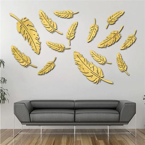 Lot de 15 stickers miroir 3D acrylique, grandes feuilles déco murale autocollante, adhésifs miroir DIY pour chambre salon (argenté) (1/2)