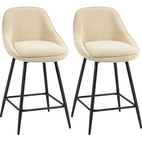 Lot de 2 tabourets de bar - HOMCOM - assise large, dossier courbé et repose-pieds - tissu velours côtelé - 49x52x88cm - beige (1/5)