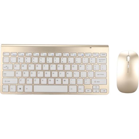 Clavier et Souris Sans Fil USB 2.4G Ergonomique avec Souris Silencieuse Dorée et Finition Gravée