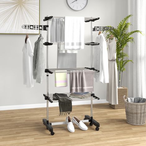 Séchoir pliant inox plastique - rangement linge - 6 roues 4 étagères - 142x55x172 cm - tour vertical extensible - argent noir