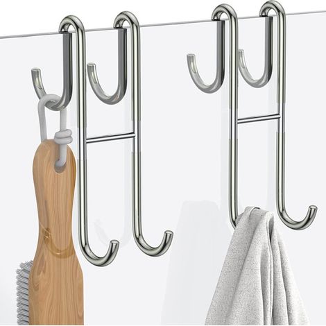 Dos ganchos plateados de acero inoxidable antiadherentes para puertas de cristal de baño (1/4)