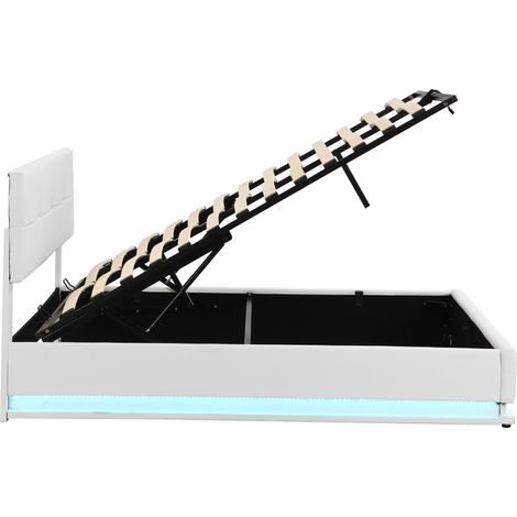 Cama canapé 180x200 cm con LED en polipiel blanca, somier de láminas y elevación hidráulica (1/5)
