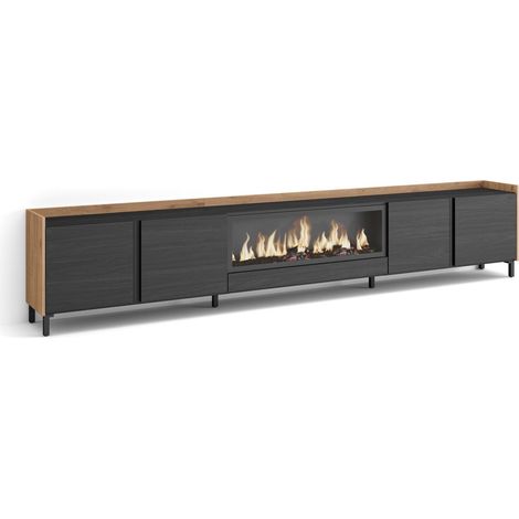Skraut Home - Mueble TV, Televisión, Muebles de salón, almacenaje, 315x35x61cm, Para TV hasta 80", Chimenea eléctrica XXL, Diseño industrial, Estilo Moderno, Negro y roble (1/5)