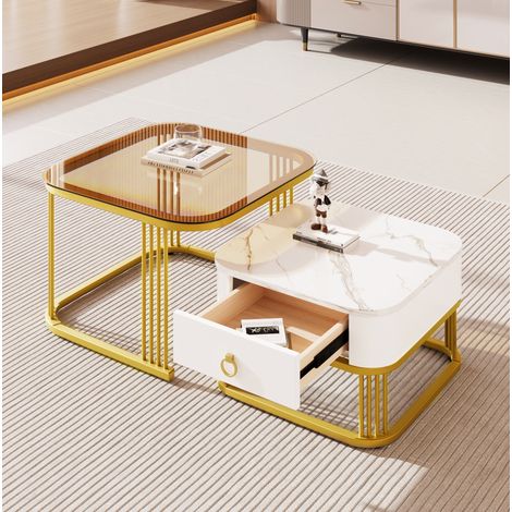tavolo soggiorno 60 cm set doppio marmo bianco elegante oro OKMYHOME (1/5)