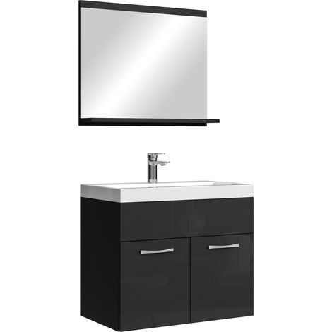 Badplaats – Meuble double vasque suspendu 60 cm – Noir brillant – Vasque en résine de synthèse avec trop-plein – Miroir avec tablette intégrée