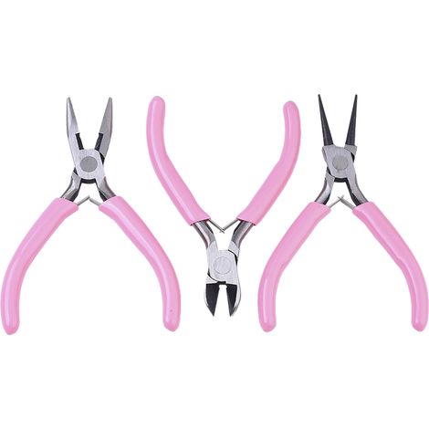 Pince à bec rond, pince coupante et cisaille, lot de 3 avec manches roses, acier au carbone, outils de bricolage pour création de bijoux (1/5)