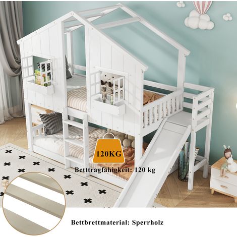 Lit superposé enfant avec toboggan, cabane toit et fenêtre, barrière de sécurité, échelle 3 marches, pin+MDF, blanc, 90x200cm (1/5)