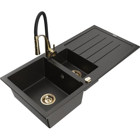 Mexen Andres 1,5-Becken-Granitspüle mit Abtropffläche und Mischbatterie Aster, Schwarz/Gold metallisch - 6515-75-73450-57-G (1/5)