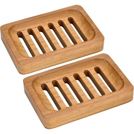 Porte-savon en bois de teck, lot de 2 porte-savons auto-évacuant et imperméable - Porte-savon en bois naturel pour salle de bain et cuisine (1/4)