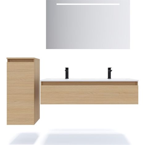 Meuble de salle de bain suspendu double vasque intégrée 120cm 1 tiroir Chêne clair + miroir + colonne ouverture gauche - Hudson (1/5)