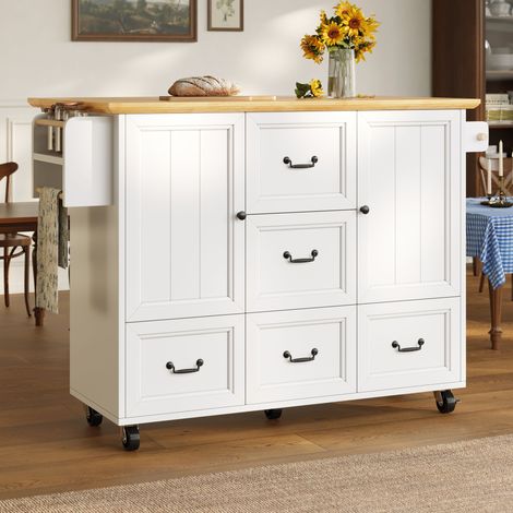 Îlot de cuisine, meuble de rangement, buffet, 120 x 73 (45) x 93 cm, desserte extensible sur roulettes avec porte-serviettes et étagère à épices, étagères réglables, deux portes, cinq tiroirs, blanc/n (1/5)