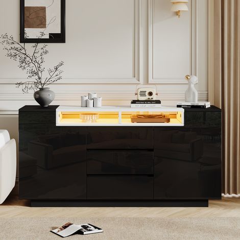 Wohnzimmerschrank mit 2 L-Förmigen Türen, 3 Schubladen, 2 Halb-Offenen Fächern, LED, Spanplatte, Schwarz, 140×40×68 cm (1/5)